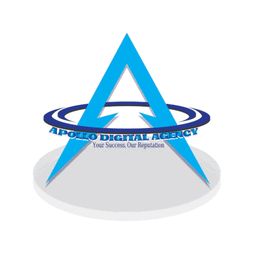 Apollo Digital Agency logo with bold 3D blue "A", orbit design, and tagline "Your Success, Our Reputation" – digital marketing and branding services.